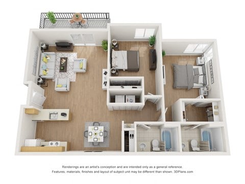Floor plan for 2 beds, 2 baths, 1127 sqft